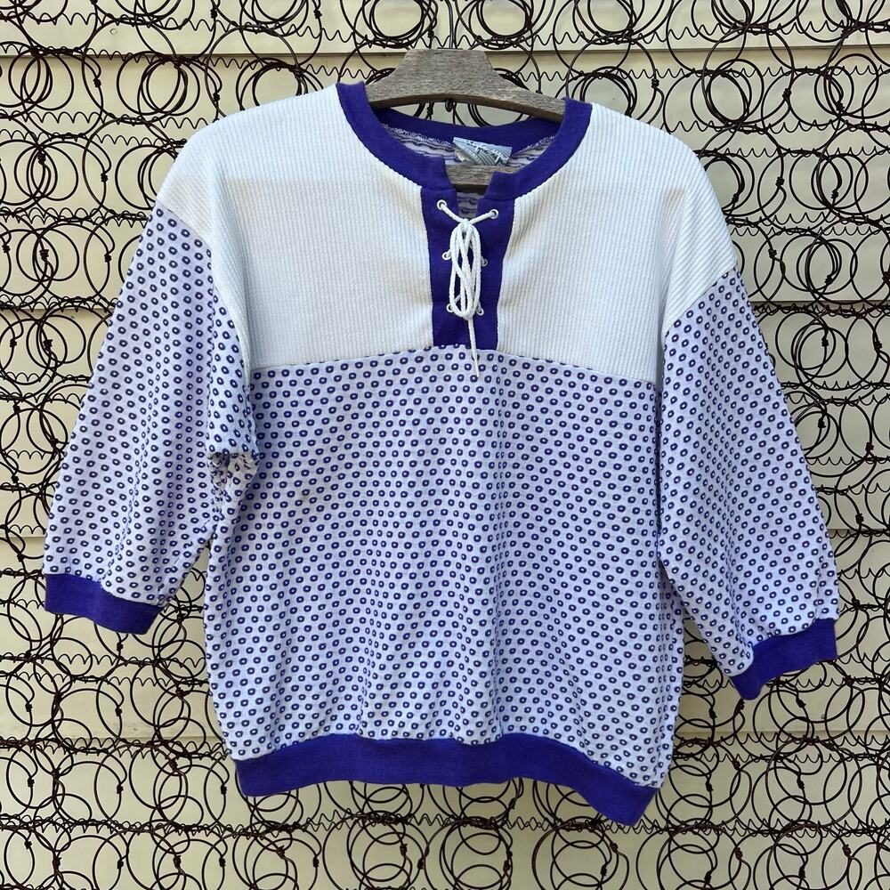 Vintage 80s Style Up Purple White Polyester Lace Up Neck Blouse MEDIUM